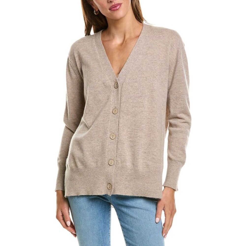 Forte Cashmere Womens Hi Low Easy Button 100% Cashmere Cardigan, Brown